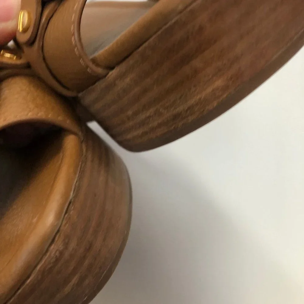 Tory Burch Patti Wedge Sandals Slides Platform Camel Brown Leather Womens 9M 9 - Picture 5 of 12